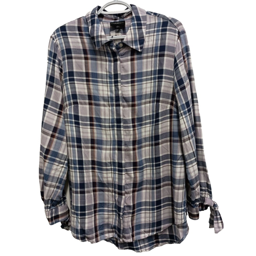Lane Bryant Womens Shirt Sz 14 Gray Plaid Long Sleeve Button Up Preppy Casual